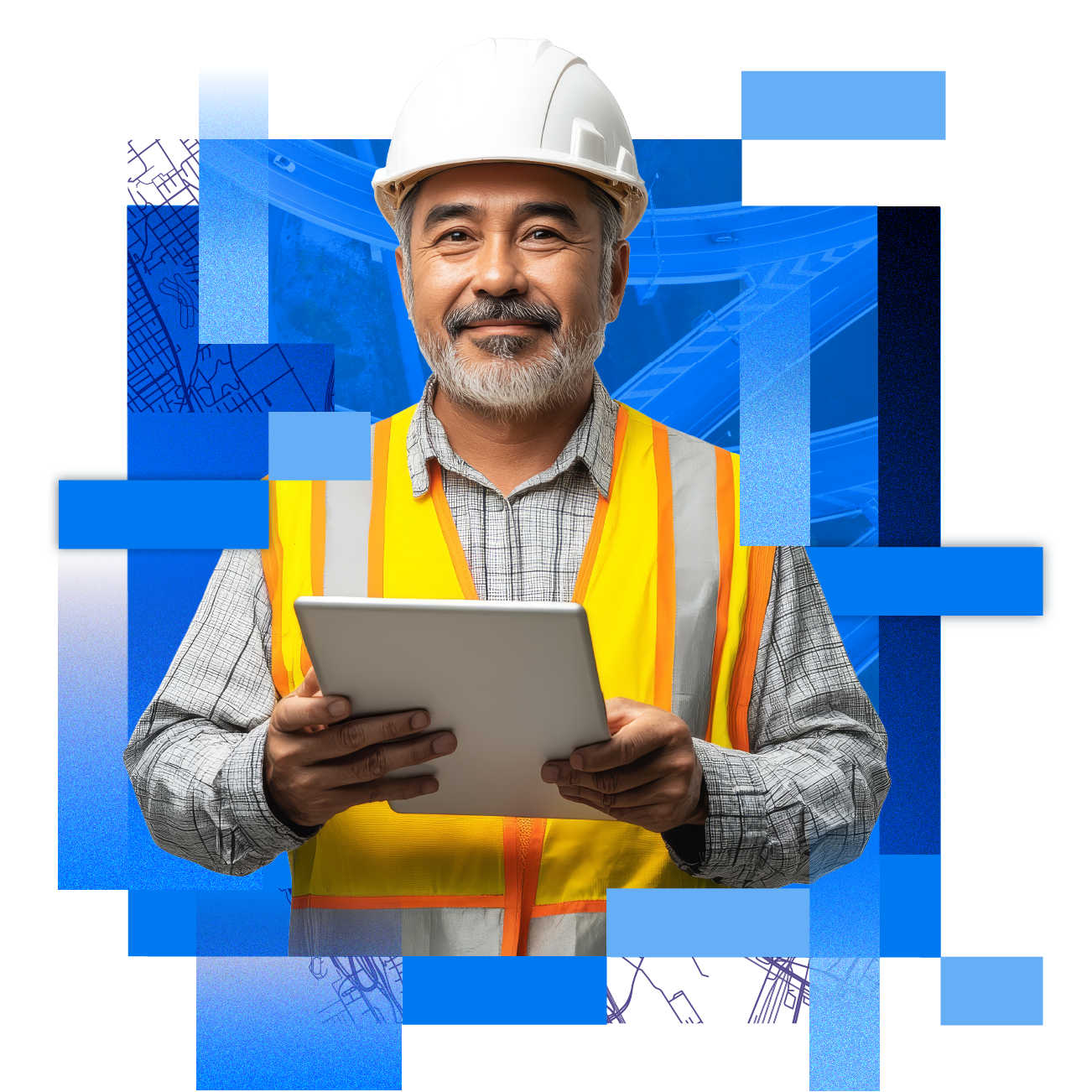 Construction worker holding tablet with blue boxes behind them