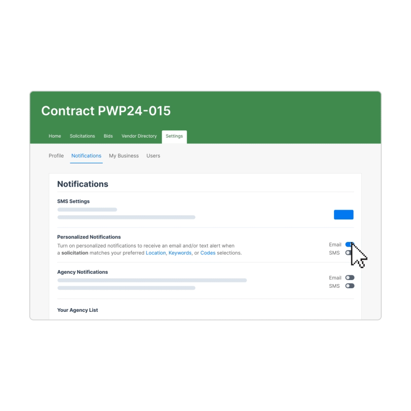 BidExpress_Vendors_Personalized-Notifications gif showing how to set personalized notifications in Bid Express for Vendors