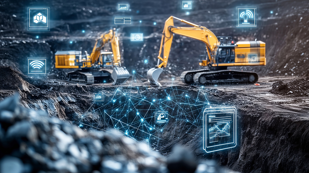 Excavators working at open pit coal mine using ai for efficiency and safety. Network of icons shows smart mining operation control flow