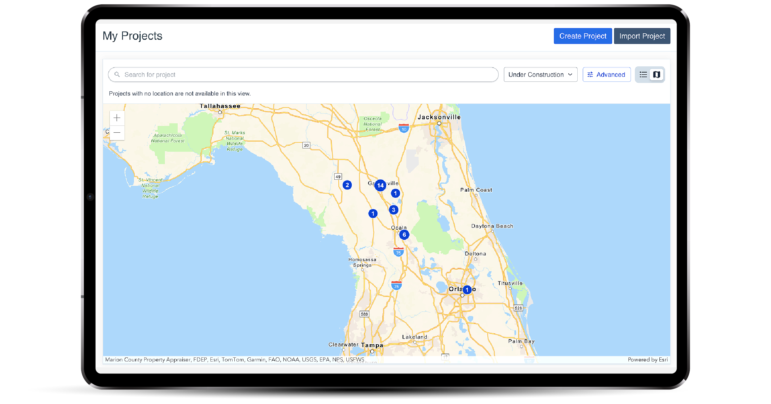 appia_tablet_EsriMap screenshot of the Appia interface showing Esri project map integration