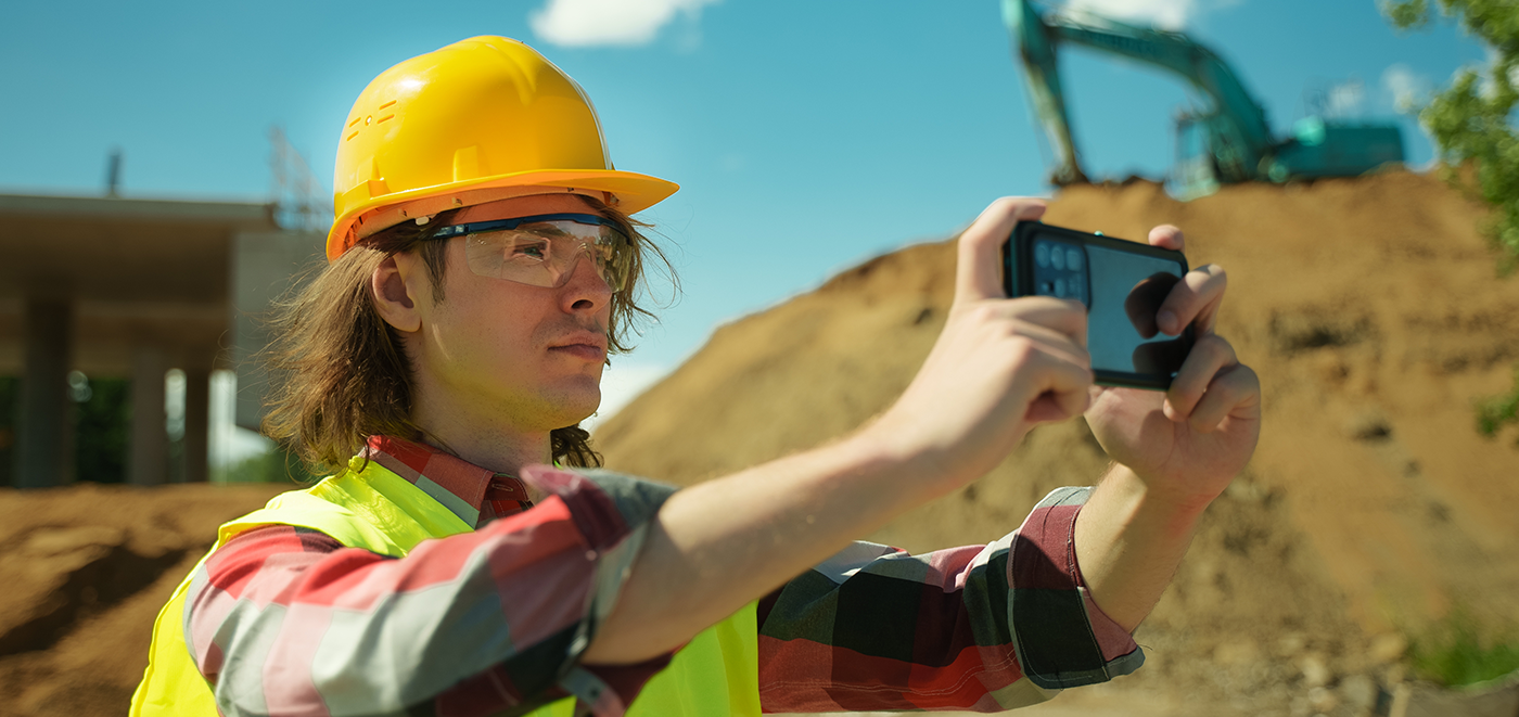 Man using the Mobile Inspector app to take photos at job site