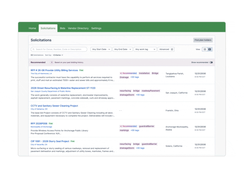 Dashboard: 'Solicitations' page with filters and a list of solicitation entries.