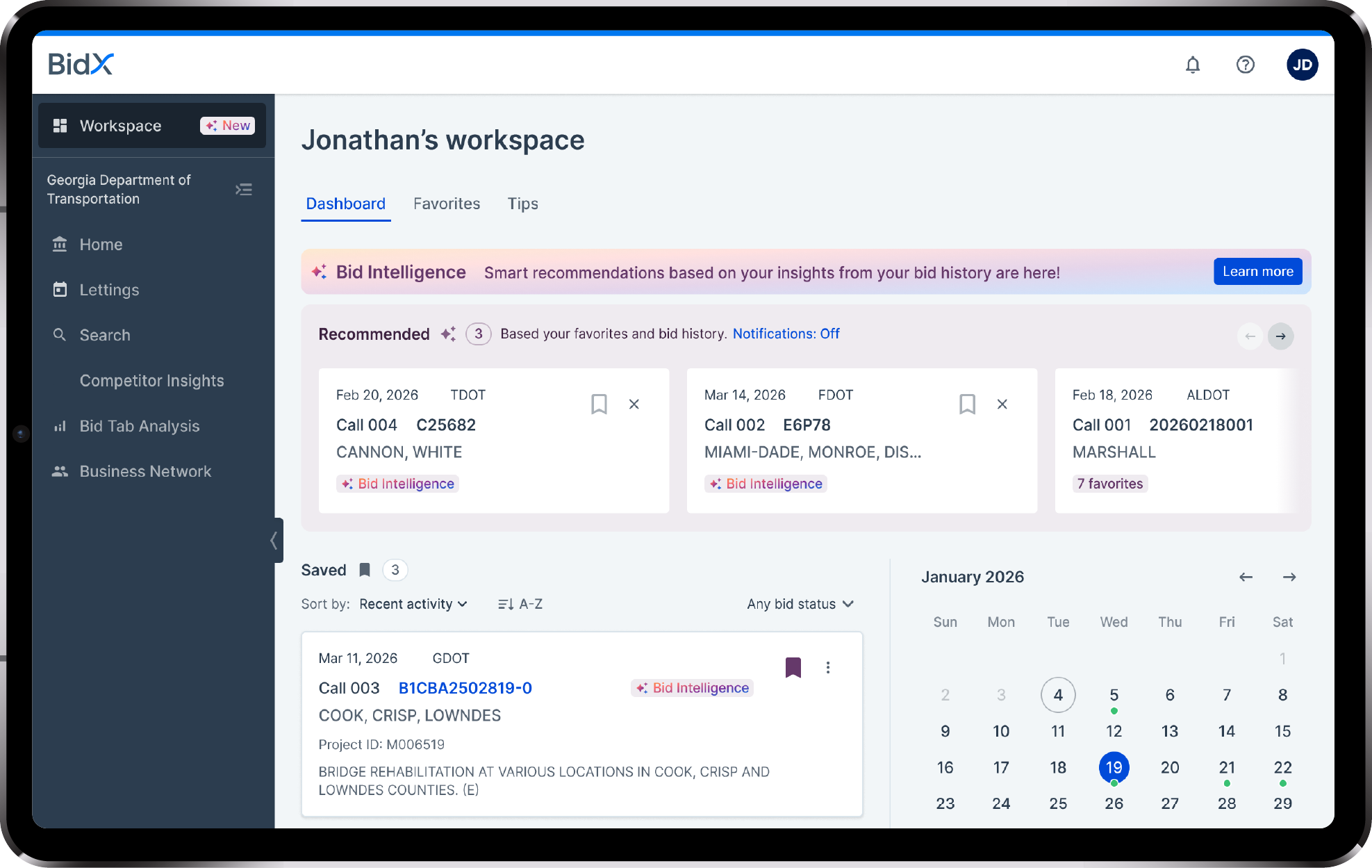 BidX Ai-Powered Bid Intelligence screenshot on tablet
