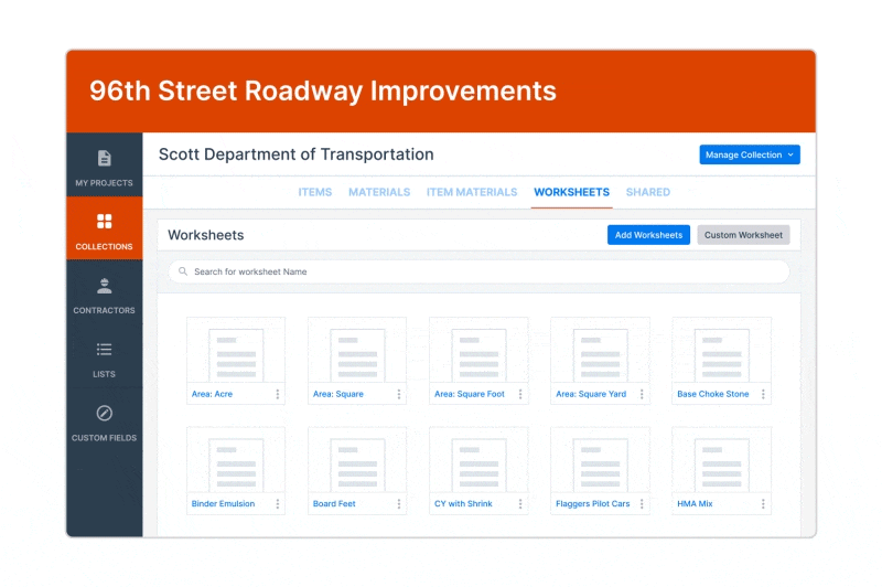 Custom Worksheets Functionality | Infotech Dashboard for 96th Street Roadway Improvements with left navigation and a grid of worksheet thumbnails (Area: Acre, Square, Foot, Yard, etc.).