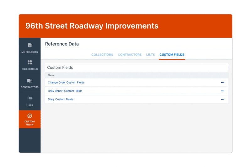 Custom Fields Functionality | Infotech Project dashboard screenshot with orange header '96th Street Roadway Improvements' and a left navigation; Custom Fields tab selected showing a list of fields (Change Order, Daily Report, Diary)