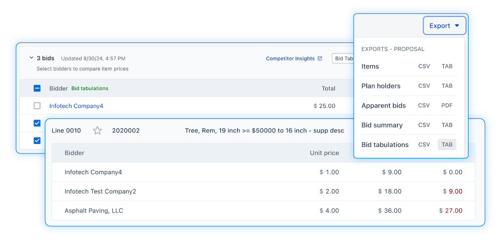 Screenshots of exporting bid data from BidX