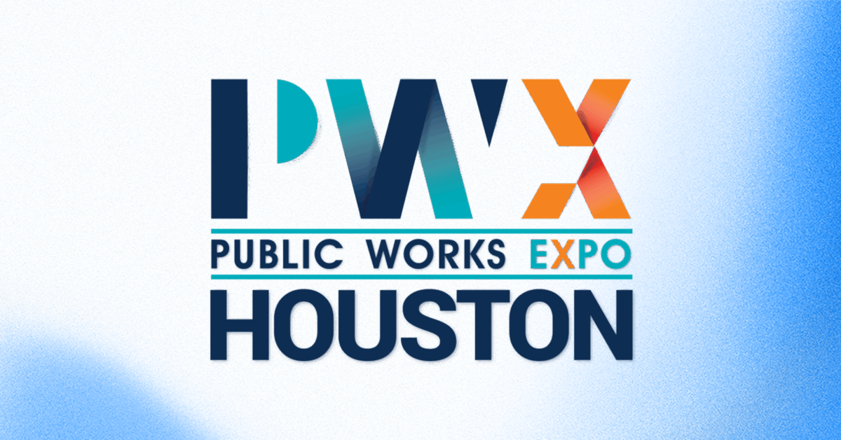 PWX Public Works Expo Houston logo with bold 'PWX' letters and 'Public Works Expo' and 'HOUSTON' text in blue, teal, and orange accents.