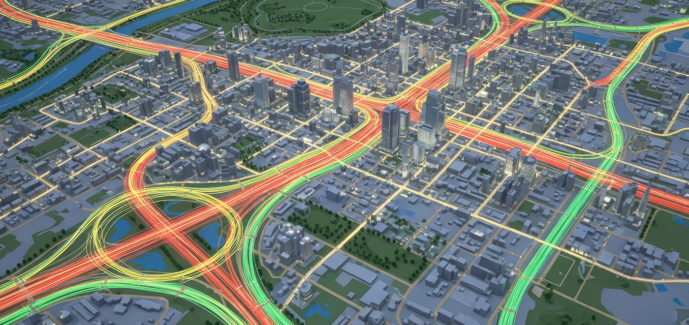 aerial view of city with highlighted streets and traffic circle-